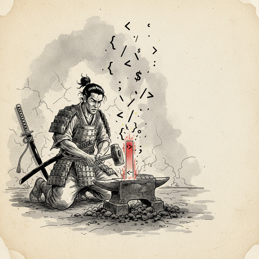 A ronin forging code at an anvil